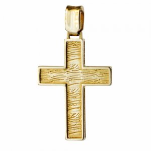 Ανάγλυφος ανδρικός βαπτιστικός σταυρός διπλής όψης από χρυσό 14Κ με ιδιαίτερη υφή ή διάτρητο πλέγμα. Συνδυάστε τον με τις προτεινόμενες αλυσίδες.