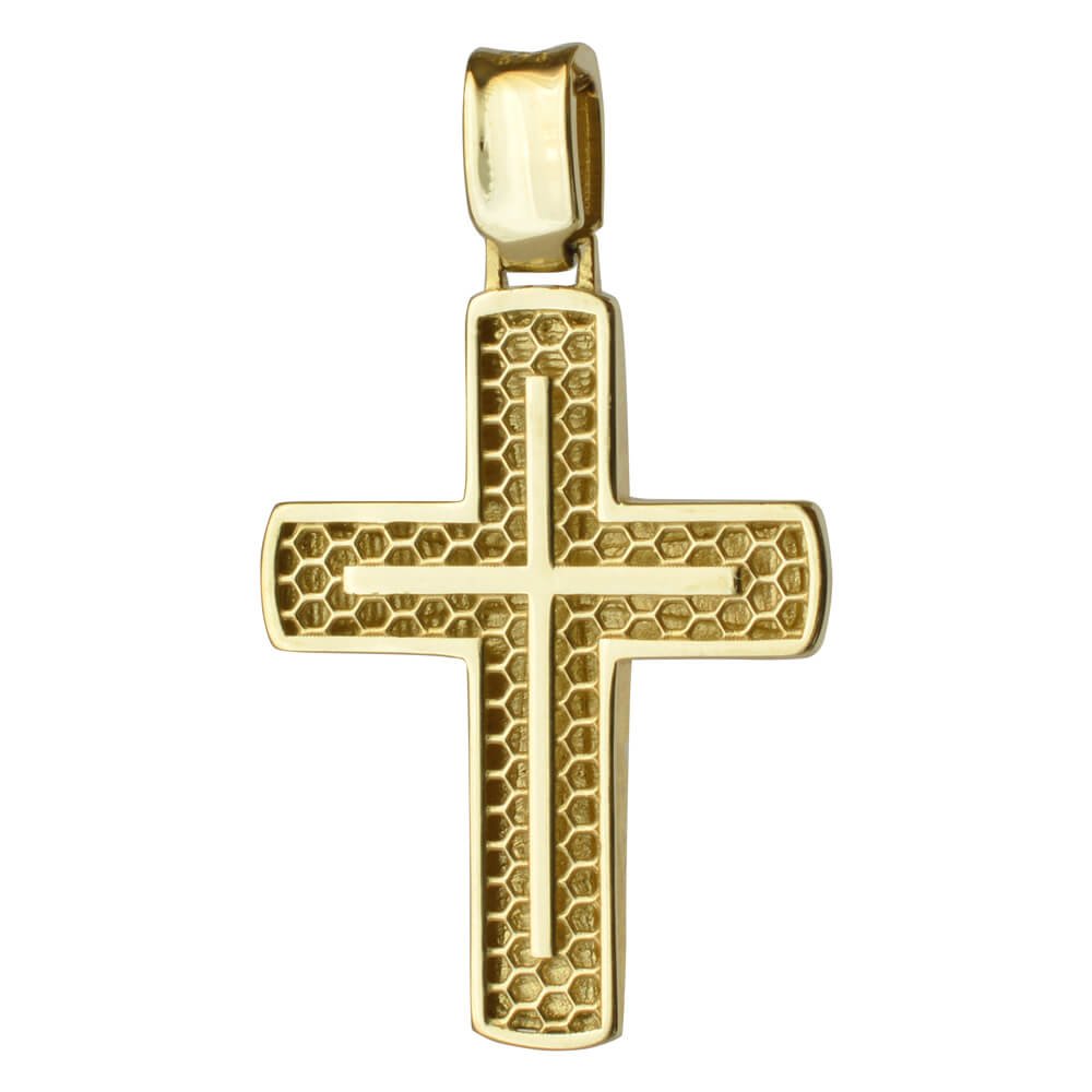 Ανδρικός ανάγλυφος σταυρός βάπτισης διπλής όψης από χρυσό 14Κ με συνδυασμό λουστρέ και σαγρέ υφής ή με διάτρητο πλέγμα. Συνδυάστε τον με τις προτεινόμενες αλυσίδες.