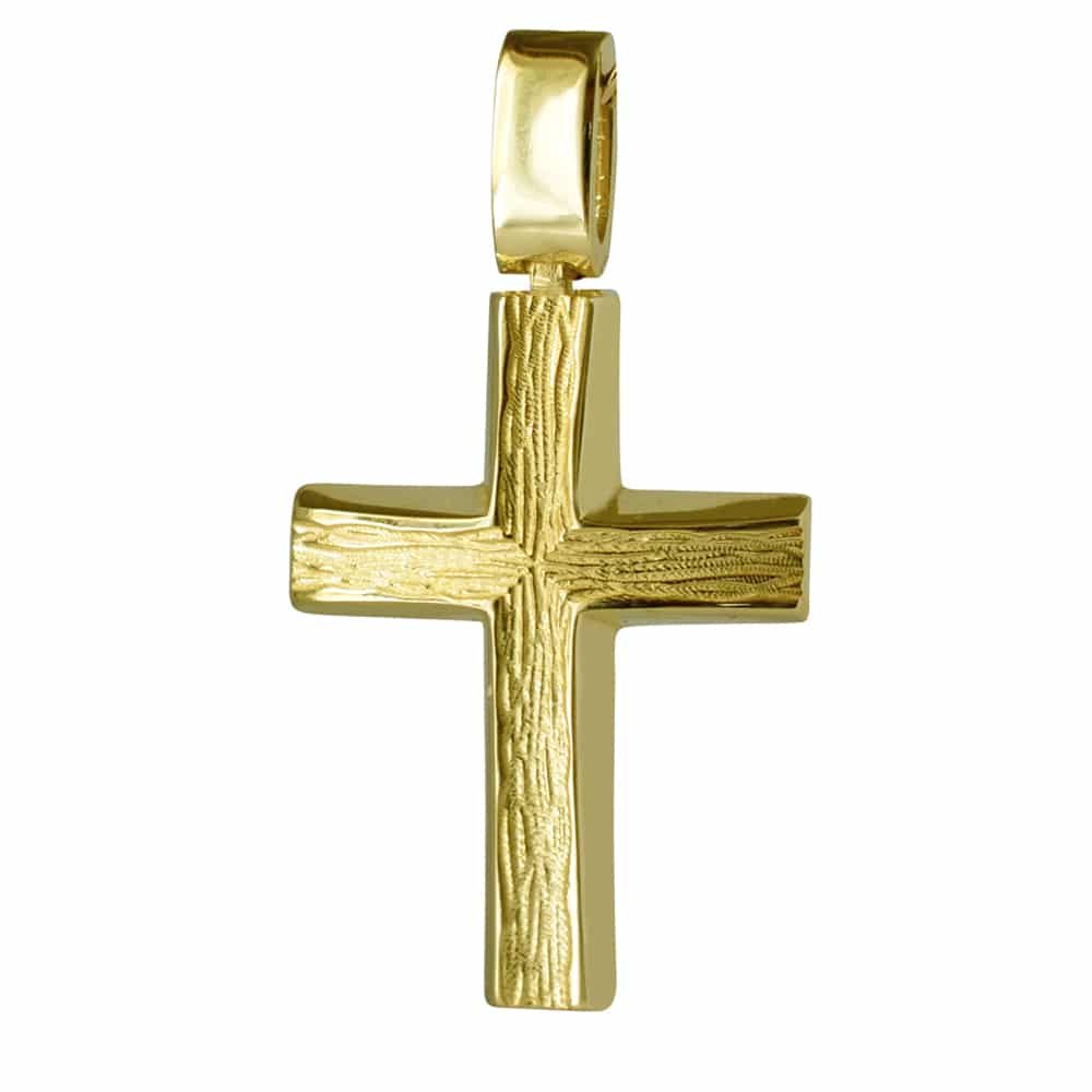Χρυσός σαγρέ σταυρός βάπτισης διπλής όψης, από χρυσό 14 καρατίων
