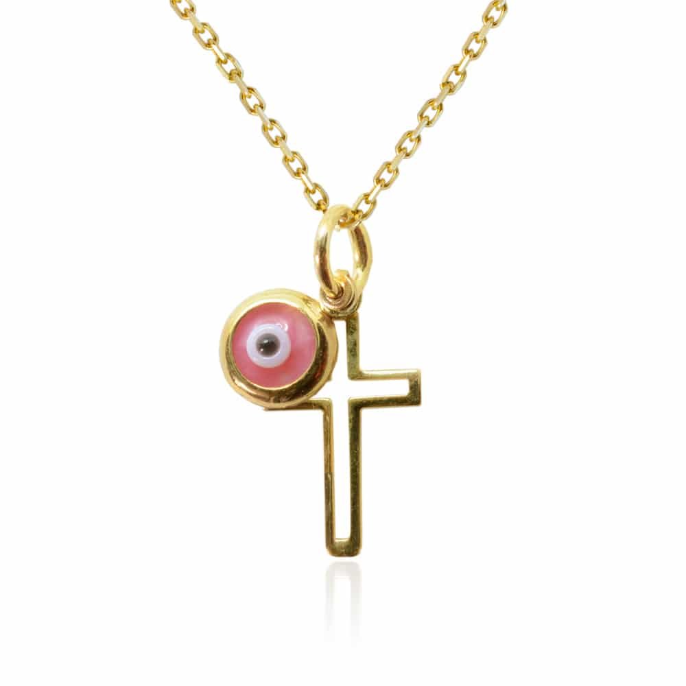 Κρεμαστό σταυρός με ματάκι ροζ, από χρυσό 14Κ. Ο μικρός σταυρός έχει λουστρέ φινίρισμα και το ματάκι είναι στρογγυλό, σε μεσαίο μέγεθος.