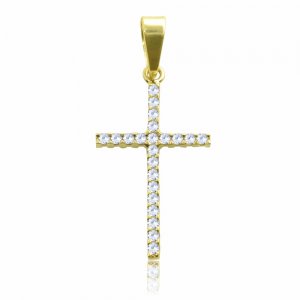 Μενταγιόν διπλής όψης σταυρός από χρυσό 14Κ, διακσομημένο με λευκά ή μαύρα ζιργκόν, ανάλογα με την όψη που θα φορεθεί.
