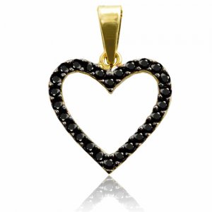 Μενταγιόν καρδιά διπλής όψης από χρυσό 14Κ, διακοσμημένη με λευκά ή μαύρα ζιργκόν, ανάλογα με την όψη από την οποία θα φορεθεί.