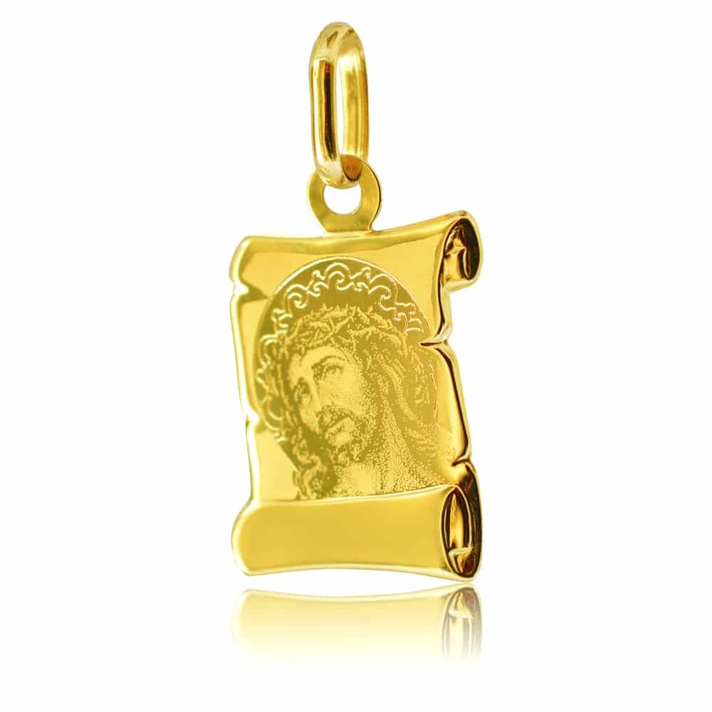 Φυλαχτό για αγόρι πάπυρος χρυσό 14Κ, διακοσμημένο με χαραγμένη απεικόνιση του Χριστού σε λουστρέ και ματ φινίρισμα. Συνδυάστε το με αλυσίδα ή παραμάνα.