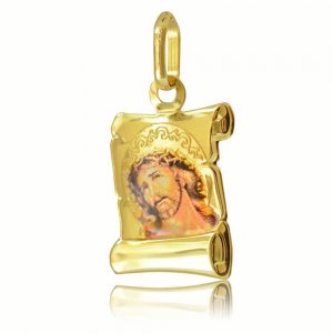 φυλαχτό πάπυρος με τον Χριστό, από χρυσό 14Κ διακοσμημένο με χαραγμένη και έγχρωμη απεικόνιση του Χριστού σε λουστρέ και ματ φινίρισμα. Συνδυάστε το με αλυσίδα ή παραμάνα.