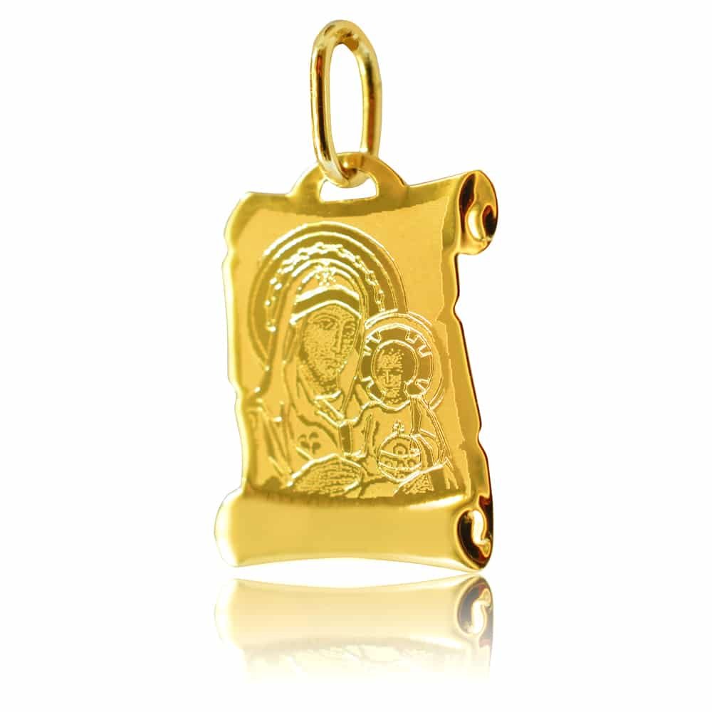 Χρυσό φυλαχτό πάπυρος Παναγία 14Κ. Έχει λουστρέ φινίρισμα και χαραγμένη απεικόνιση της Παναγίας με το βρέφος. Μπορεί να συνδυαστεί με αλυσίδα για τον λαιμό ή με παιδική παραμάνα.