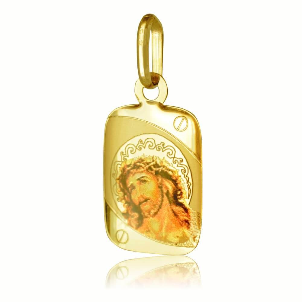 Φυλαχτό χρυσό με τον Χριστό 14Κ σε ορθογώνιο σχήμα. Είναι διακοσμημένο με χαραγμενη και έγχρωμη απεικόνιση του Χριστού σε λουστρέ και ματ φινίρισμα. Συνδυάστε το με αλυσίδα ή παιδική παραμάνα.