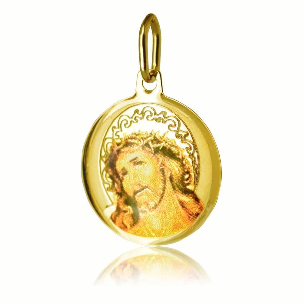 Φυλαχτό χρυσό στρογγυλό 14Κ, διακοσμημένο με τον Χριστό σε έγχρωμη απεικόνιση. Συνδυάστε το με αλυσίδα για τον λαιμό ή παιδική παραμάνα.
