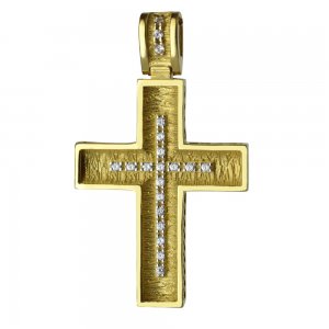Γυναικείος χρυσός σταυρός διπλής όψης 14Κ σε σαγρέ φινίρισμα με λευκά ζιργκόν. Συνδυάστε τον με τις προτεινόμενες αλυσίδες.