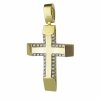 Ιδιαίτερος γυναικείος σταυρός βάπτισης, διπλής όψης από χρυσό 14Κ σε λουστρέ φινίρισμα με λευκά ζιργκόν ή διάτρητο πλέγμα . Συνδυάστε τον με τις προτεινόμενες αλυσίδες.