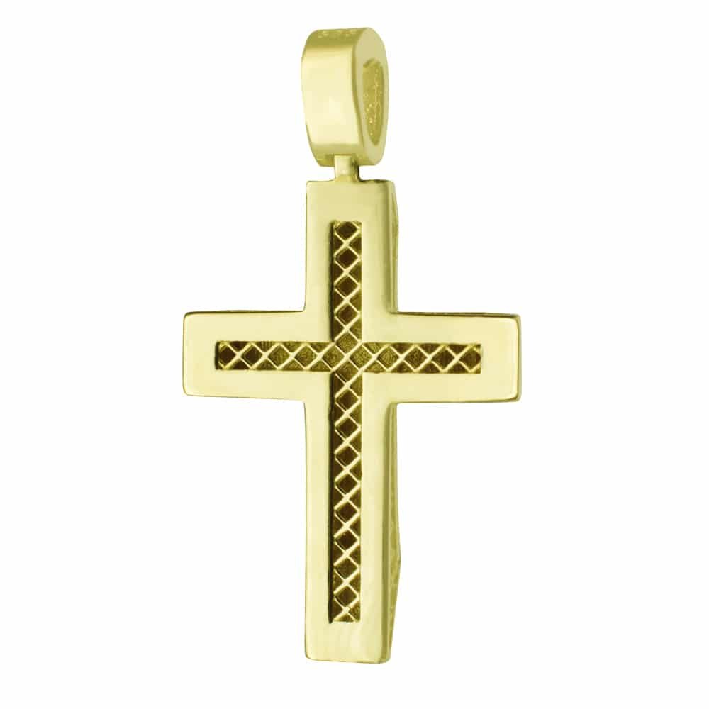 Ιδιαίτερος γυναικείος σταυρός βάπτισης, διπλής όψης από χρυσό 14Κ σε λουστρέ φινίρισμα με λευκά ζιργκόν ή διάτρητο πλέγμα . Συνδυάστε τον με τις προτεινόμενες αλυσίδες.
