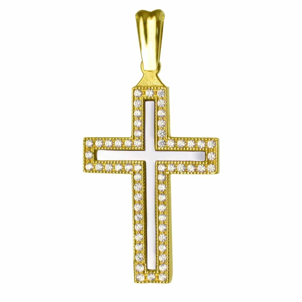 Δίχρωμος επίπεδος γυναικείος σταυρός, από χρυσό και λευκό χρυσό 14Κ σε λουστρέ φινίρισμα με λευκά ζιργκόν περιμετρικά. Συνδυάστε τον με τις προτεινόμενες αλυσίδες.