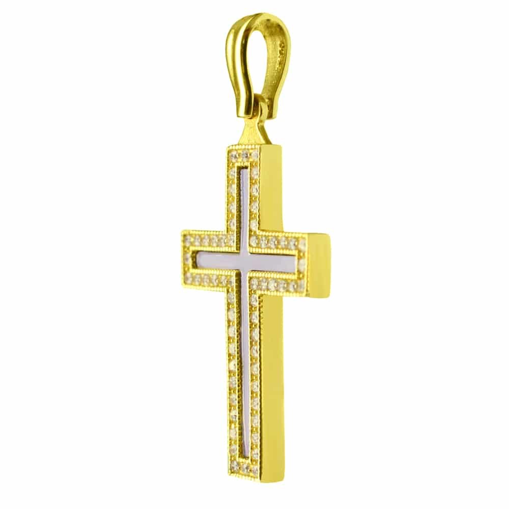 Δίχρωμος επίπεδος γυναικείος σταυρός, από χρυσό και λευκό χρυσό 14Κ σε λουστρέ φινίρισμα με λευκά ζιργκόν περιμετρικά. Συνδυάστε τον με τις προτεινόμενες αλυσίδες.