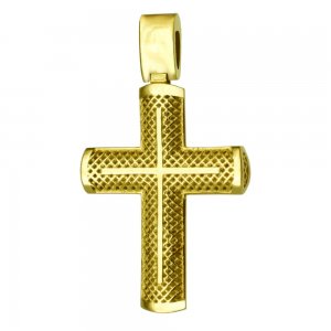 Ανάγλυφος γυναικείος βαπτιστικός σταυρός διπλής όψης από χρυσό 14Κ. Έχει ματ υφή και λευκά ζιργκόν στο κέντρο ή διάτρητο πλέγμα. Συνδυάστε τον με τις προτεινόμενες αλυσίδες.