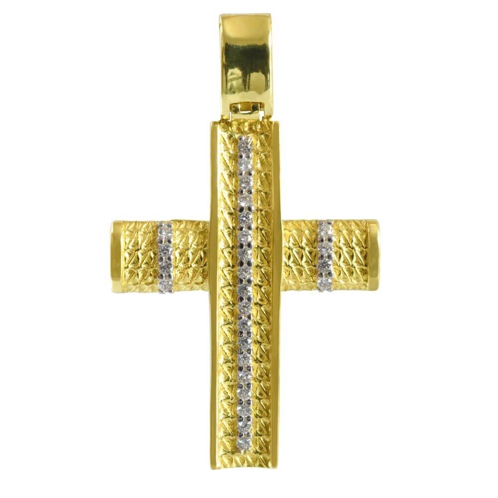 Γυναικείος σαγρέ σταυρός βάπτισης διπλής όψης από χρυσό 14Κ με ανάγλυφη υφή και λευκά ζιργκόν ή διάτρητο πλέγμα. Συνδυάστε τον με τις προτεινόμενες αλυσίδες.