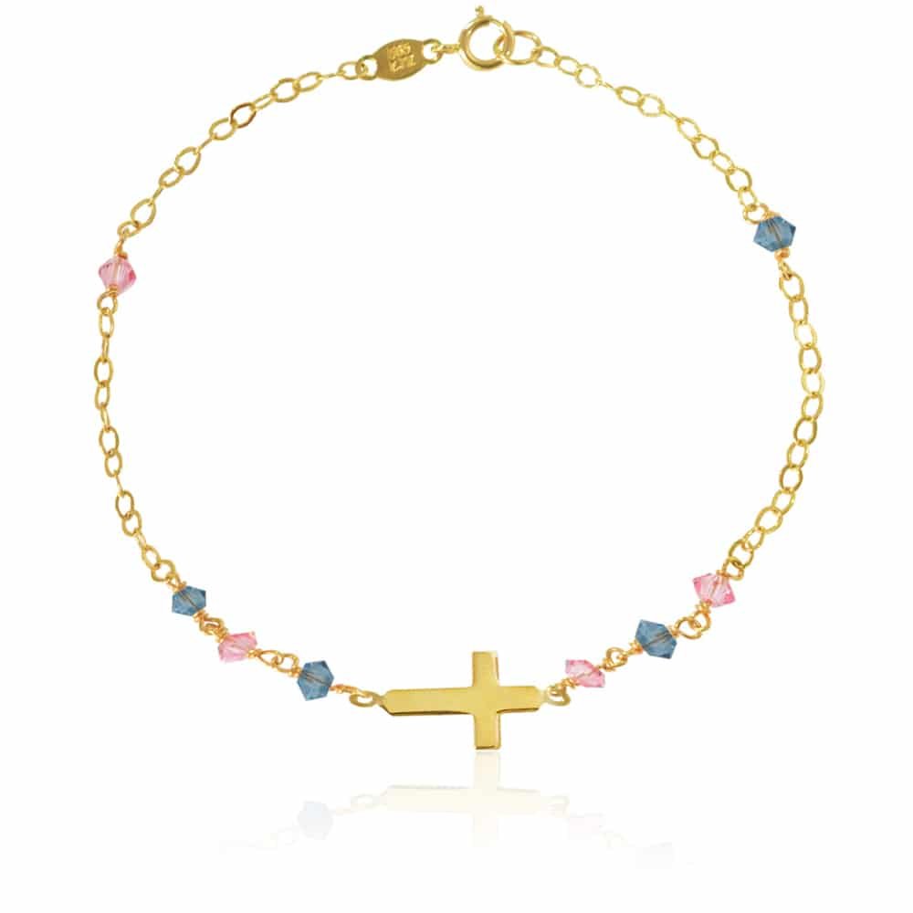 Βραχιόλι παιδικό με σταυρό από χρυσό 14Κ. Είναι διακοσμημένο με ροζ και γαλάζιες συνθετικέ πέτες και μικρό σταυρό σε λουστρέ φινίρισμα.