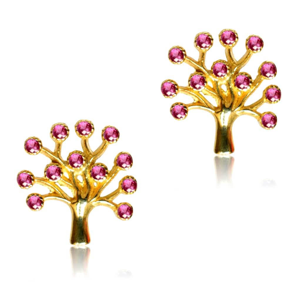 Σκουλαρίκια καρφωτά δέντρο της ζωής από χρυσό 14Κ σε λουστρέ φινίρισμα. Είναι διακοσμημένα με ροζ πέτρες ζιργκόν.