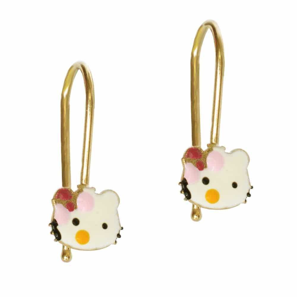 Κρεμαστά σκουλαρίκια παιδικά από χρυσό 14Κ, σε σχέδιο γατάκι με φιόγγο, διακοσμημένο με σμάλτο σε λευκό και ροζ χρώμα.