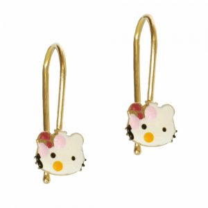 Κρεμαστά σκουλαρίκια παιδικά από χρυσό 14Κ, σε σχέδιο γατάκι με φιόγγο, διακοσμημένο με σμάλτο σε λευκό και ροζ χρώμα.