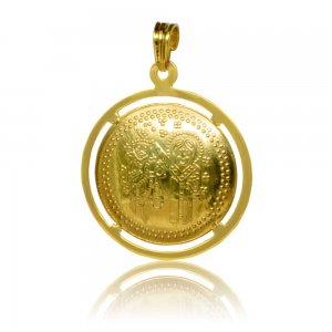 Κωνσταντινάτο χρυσό 14Κ, διπλής όψης, με ανάγλυφες απεικονίσεις και διάτρητο περίγραμμα.