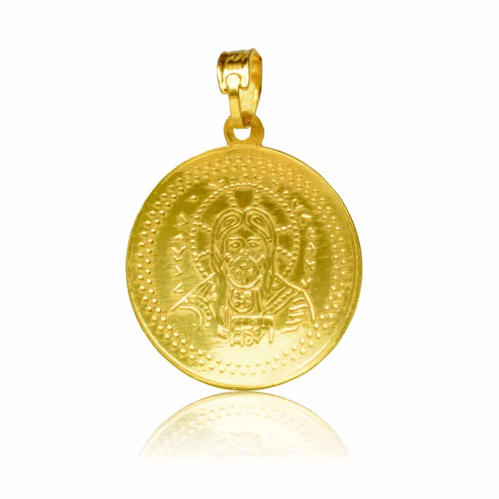 Κωνσταντινάτο χρυσό 14Κ, διπλής όψης, με ανάγλυφες απεικονίσεις σε στρογγυλό σχήμα.