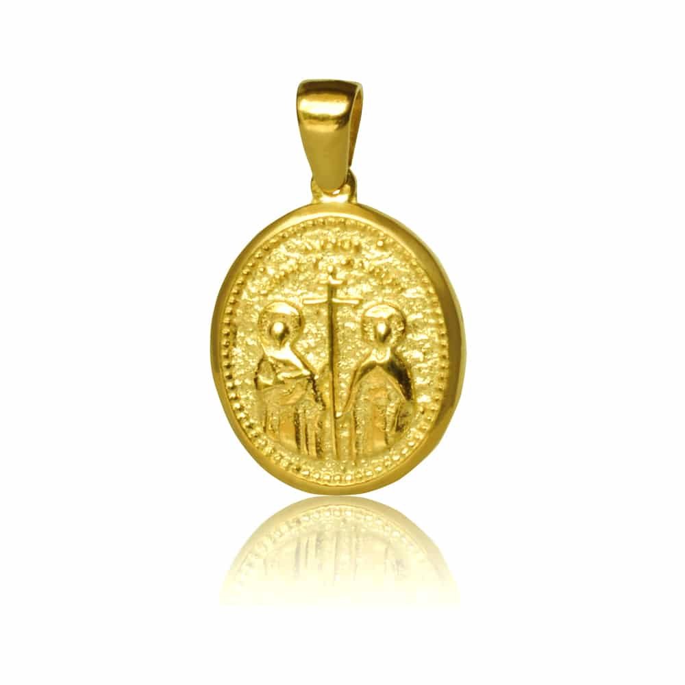 Κρεμαστό κωνσταντινάτο από χρυσό 14Κ, σε οβάλ σχέδιο διπλής όψης, με ανάγλυφο διάκοσμο.