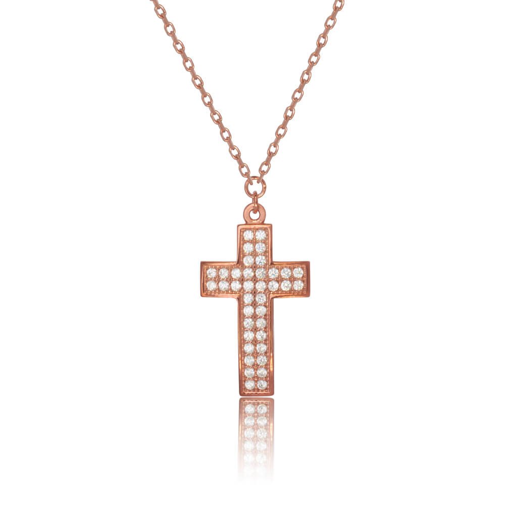 Κολιέ σταυρός ροζ επίχρυσο από ασήμι 925. Ο κρεμαστός σταυρός είναι διακοσμημένος με λευκά ζιργκόν σε όλη την επιφάνεια.