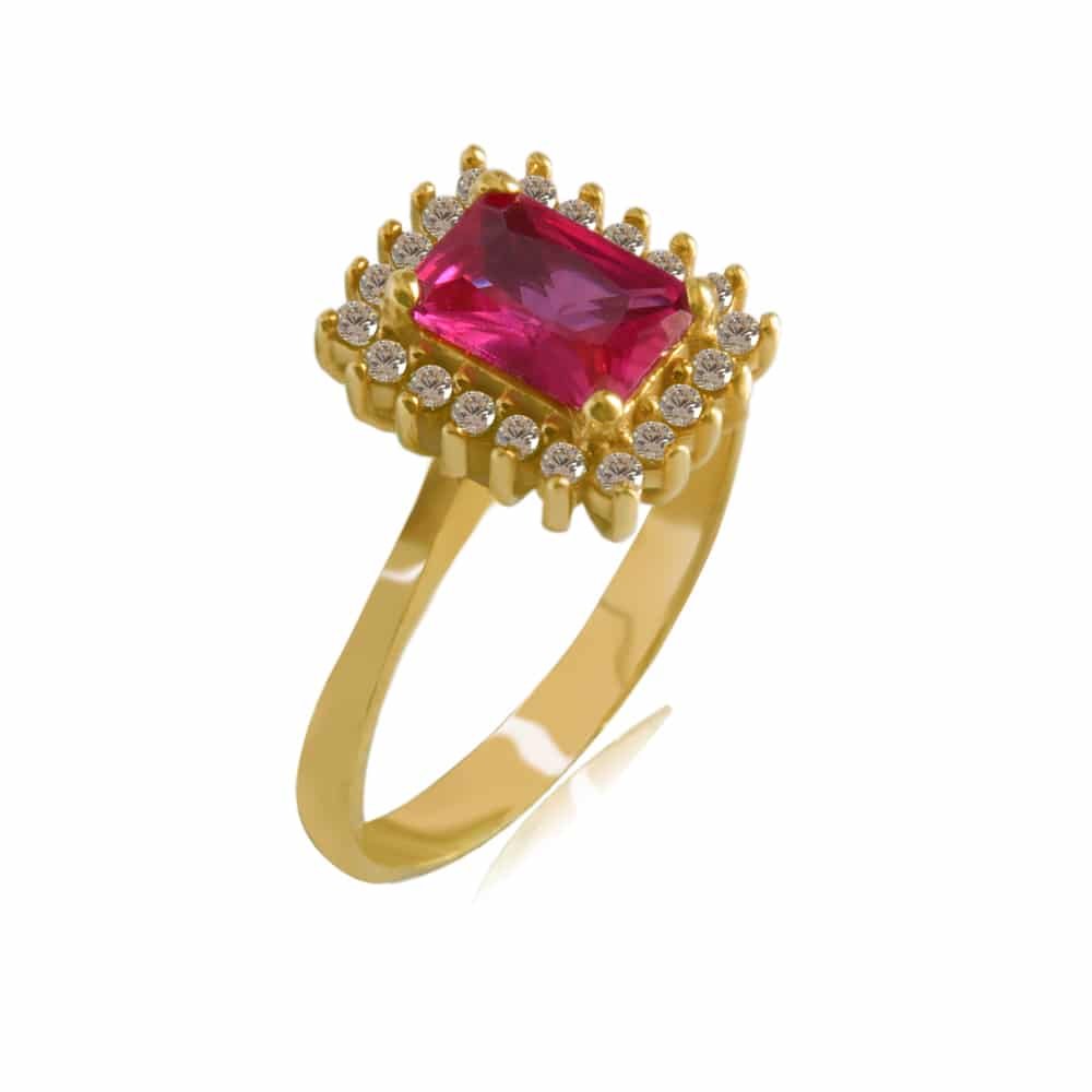 Δαχτυλίδι γυναικείο ροζέτα από χρυσό 14Κ σε ορθογώνιο σχήμα με φούξια και λευκά ζιργκόν .
