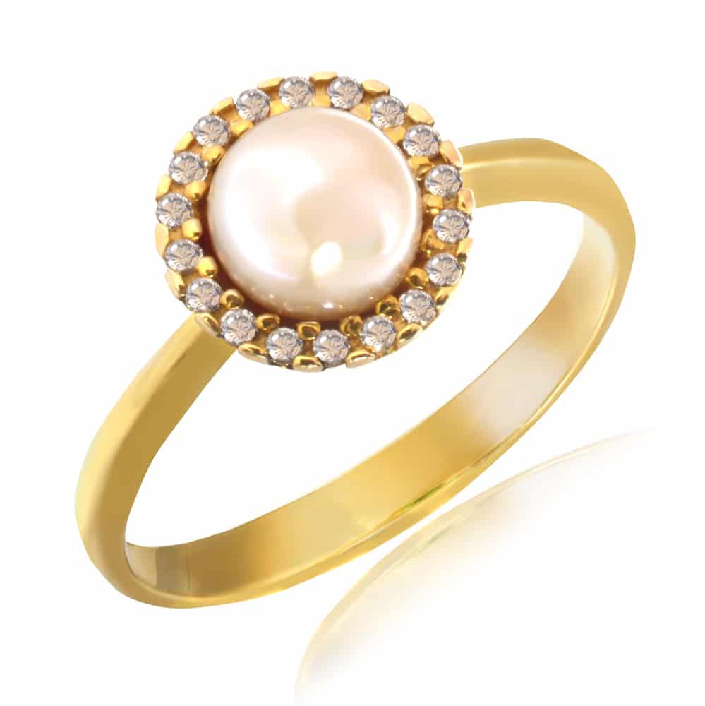 Δαχτυλίδι γυναικείο με μαργαριτάρι, σε σχέδιο ροζέτα, από λευκό χρυσό 14Κ. Είναι διακοσμημένο με ένα μαργαριτάρι στο κέντρο και λευκά ζιργκόν περιμετρικά.