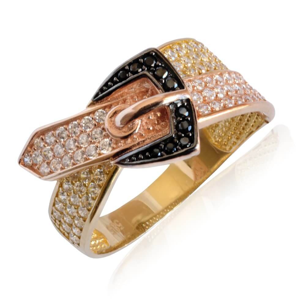 Δαχτυλίδι ζώνη από χρυσό και ροζ χρυσό 14Κ, διακοσμημένο με συνδυασμό λευκών και μαύρων ζιργκόν.