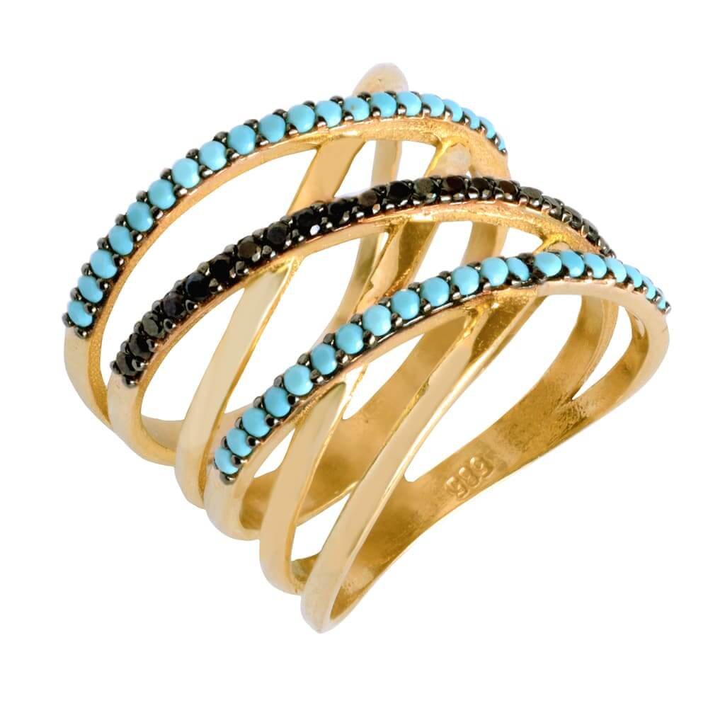 Γυναικείο μοντέρνο δαχτυλίδι από χρυσό 14Κ, σε ιδιαίτερο σχέδιο με πολλές χιαστί ευθείες.Είναι διακοσμημένο με μαύρα ζιργκόν και γαλάζιες συνθετικές τυρκουάζ πέτρες.