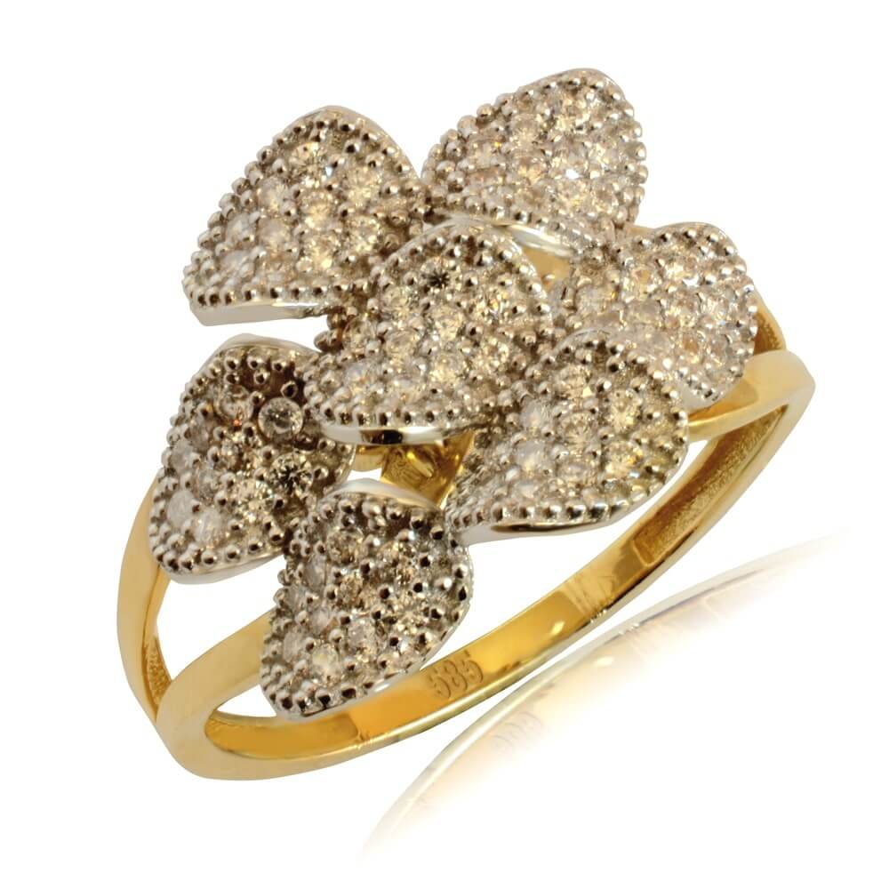 Γυναικείο δαχτυλίδι δίχρωμο από χρυσό και λευκό χρυσό 14Κ. 'Εχει εντυπωσιακό σχεδιασμό με πέταλα λουλουδιού, διακοσμημένα με λευκά ζιργκόν.