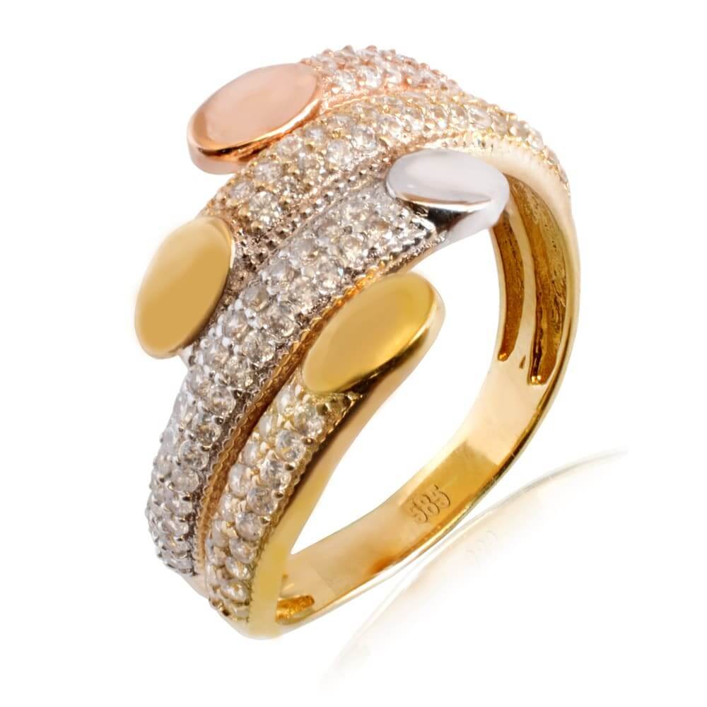 Δαχτυλίδι γυναικείο ολόπετρο από χρυσό, λευκό χρυσό και ροζ χρυσό 14Κ σε ιδιαίτερο σχεδιασμό, διακοσμημένο με λευκές πέτρες ζιργκόν.