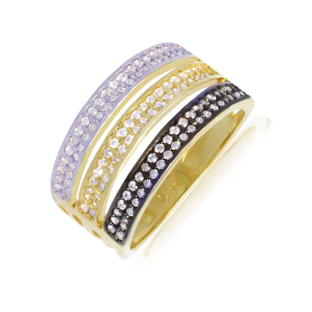 Τριπλό δαχτυλίδι σειρέ από χρυσό και λευκό χρυσό 14Κ με λεπτομέρεια σε μαύρο φινίρισμα, διακοσμημένο με λευκά ζιργκόν.