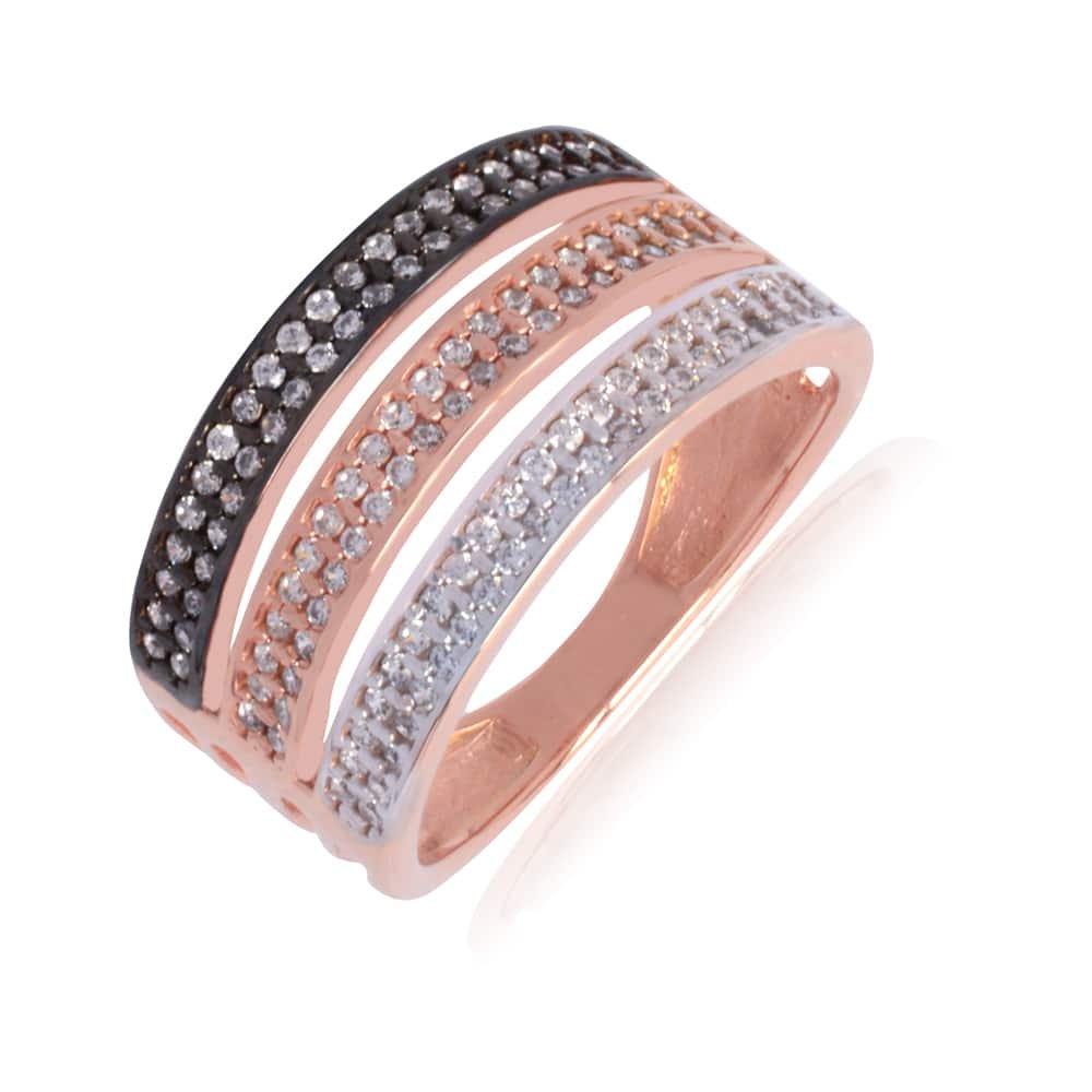Τριπλό σειρέ δαχτυλίδι από χρυσό και ροζ χρυσό 14Κ με λεπτομέρεια σε μαύρο φινίρισμα, διακοσμημένο με λευκά ζιργκόν.