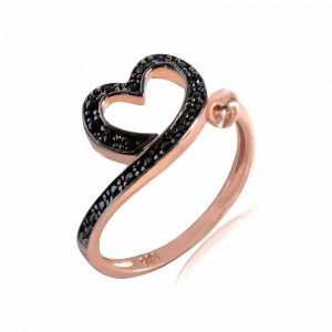 Δαχτυλίδι καρδιά ροζ χρυσό 14Κ, διακοσμημένο με μαύρες πέτρες ζιργκόν.