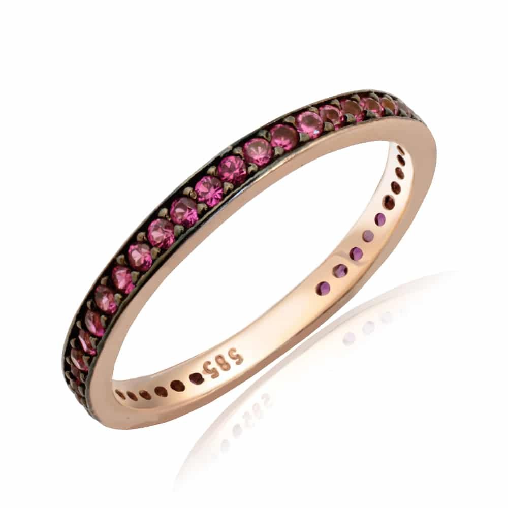 Βεράκι ροζ χρυσό 14Κ με διακοσμημένο με φούξια πέτρες ζιργκόν και αντικέ λεπτομέρεια.
