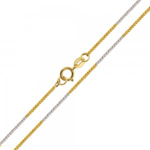 Αλυσίδα δίχρωμη σπίγκα, από χρυσό και λευκόχρυσο 14Κ με λουστρέ φινίρισμα σε ιδιαίτερο σχέδιο με πυκνή πλέξη. Εντυπωσιακή επιλογή για ανδρικό και γυναικείο κόσμημα ή σταυρό.