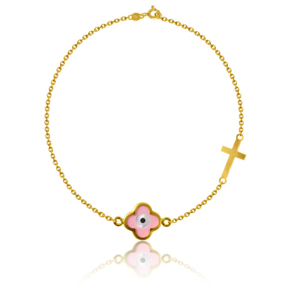 Γυναικείο βραχιόλι από ασήμι 925 επίχρυσο, διακοσμημένο με μοτίφ από ροζ σμάλτο και μικρό σταυρό.