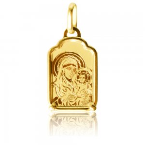 Παναγία φυλακτό για νεογέννητο από χρυσό 14Κ. Είναι διακοσμημένο με χραγμένη απεικόνιση της Παναγίας Βρεφοκρατούσας. Συνδυάστε το με παραμάνα ή αλυσίδα.