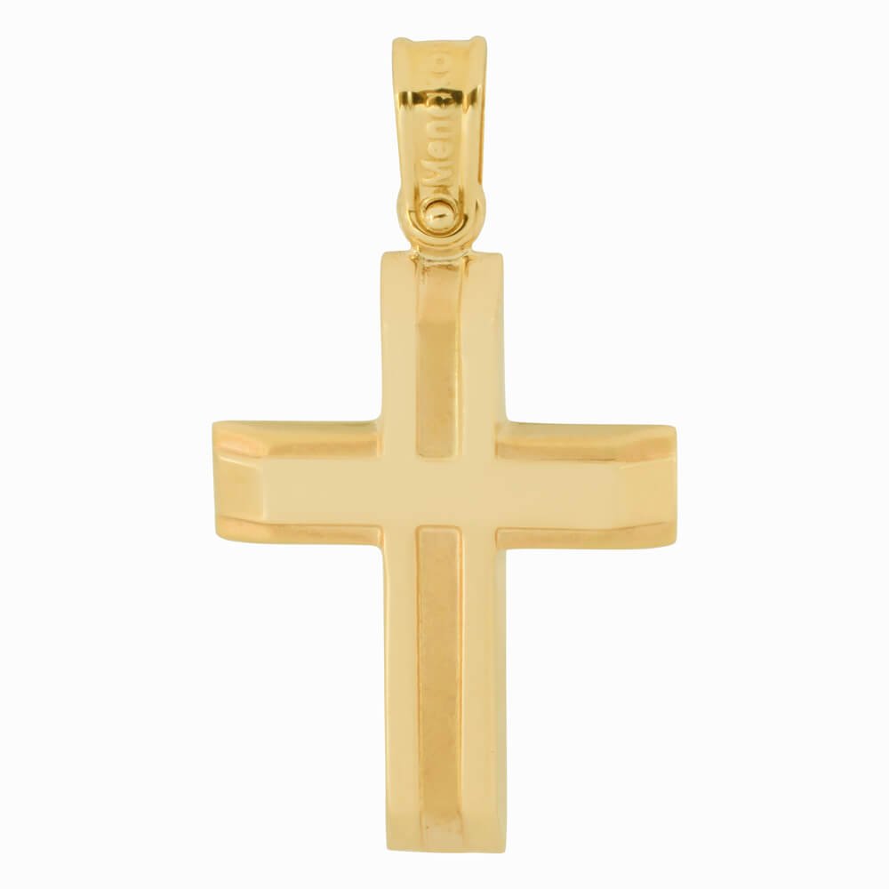 Χρυσός σταυρός βάπτισης 14Κ για αγόρι σε μοντέρνο σχέδιο με συνδυασμό λουστρέ και ματ φινιρίσματος και ανάγλυφων στοιχείων. Συνδυάστε τον με τις προτεινόμενες αλυσίδες.