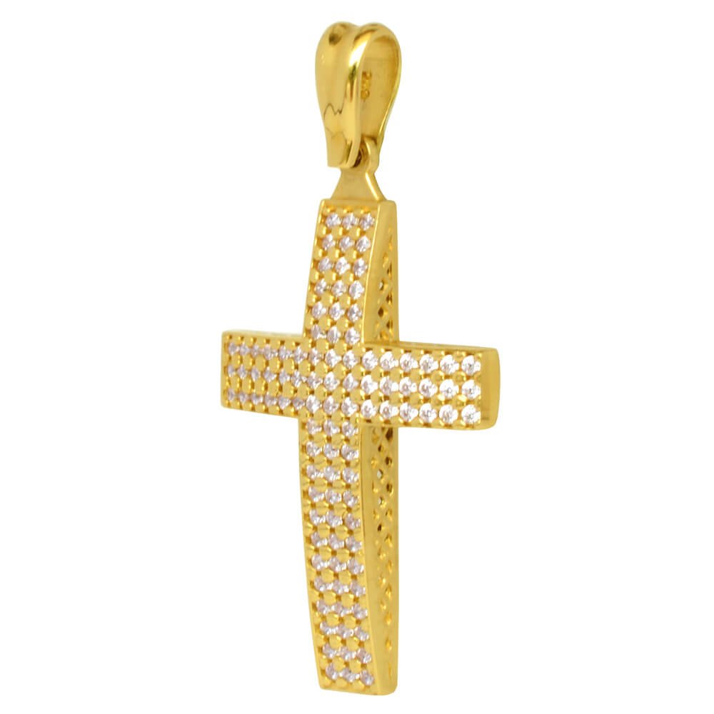 Χρυσός σταυρός για κορίτσι βαπτιστικός 14Κ. Είναι διπλής όψης διακοσμημένος με λευκά ζιργκόν σε όλη την επιφάνεια ή με διάτρητο πλέγμα. Συνδυάστε τον με τις προτεινόμενες αλυσίδες.