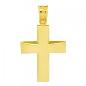 Aνδρικός σταυρός βάπτισης από χρυσό 14 καρατίων. Έχει καμπυλωτή επιφάνεια με λείο λουστρέ φινίρισμα. Συνδυάστε τον με τις προτεινόμενες αλυσίδες.