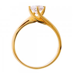 Χρυσό μονόπετρο δαχτυλίδι 14Κ σε σχέδιο φλόγα διακοσμημένο με μια εντυπωσιακή πέτρα ζιργκόν. Είναι δεμένο σε βάση περιστρεφόμενη με 4 στηρίγματα που αγκαλιάζουν και αναδεικνύουν υπέροχα την πέτρα.