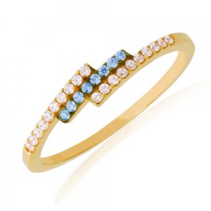 Δαχτυλίδι μισόβερο από χρυσό 14Κ, σε ιδιαίτερο σχέδιο με τριπλή σειρά, διακοσμημένο με λευκά και γαλάζια ζιργκόν.