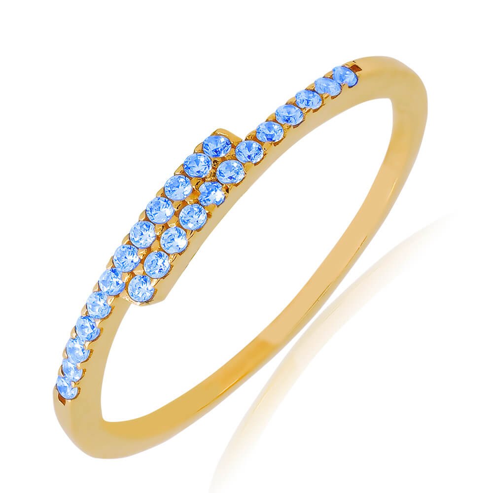 Δαχτυλίδι χρυσό μισόβερο 14Κ, σε ιδιαίτερο σχέδιο με λεπτή γραμμή, διακοσμημένο με γαλάζια ζιργκόν.