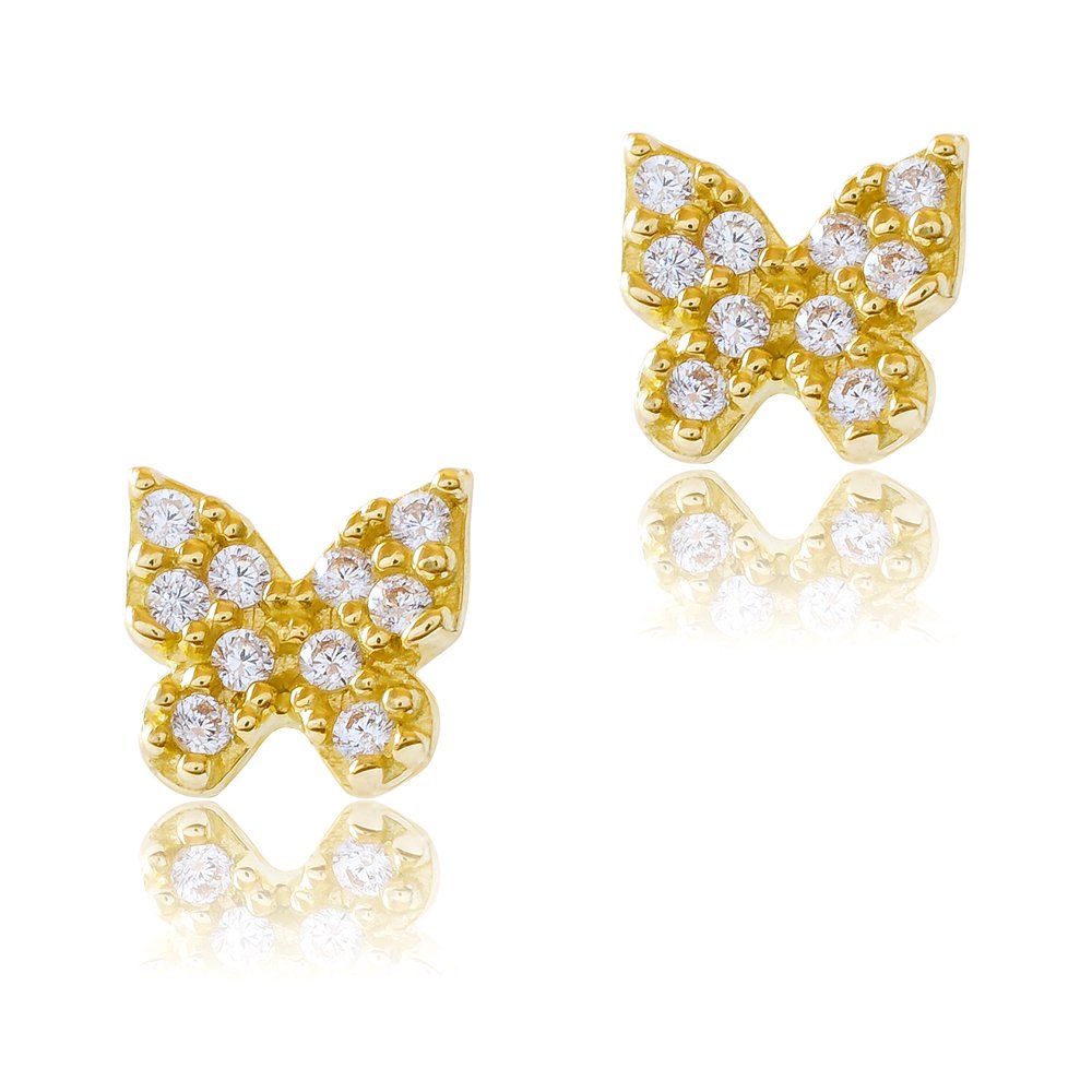 Σκουλαρίκια πεταλούδες από χρυσό 14Κ, σε διακριτικό μέγεθος, διακοσμημένα με λευκές πέτρες ζιρκόν.
