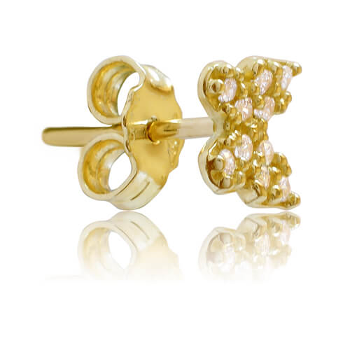 Σκουλαρίκια πεταλούδες από χρυσό 14Κ, σε διακριτικό μέγεθος, διακοσμημένα με λευκές πέτρες ζιρκόν.