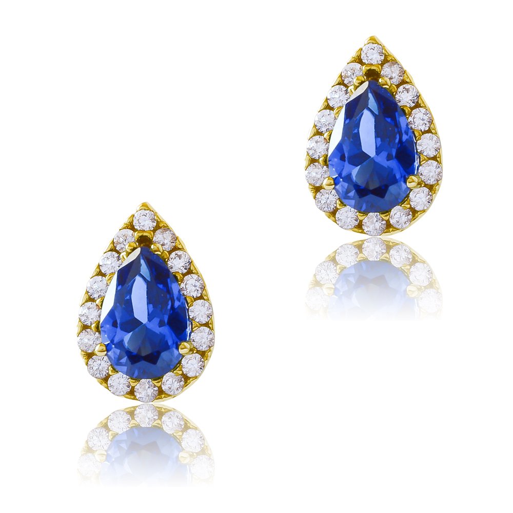 Ροζέτες σκουλαρίκια από χρυσό 14Κ, σε σχήμα δάκρυ. Είναι διακοσμημένες με μία μπλε πέτρα ζιρκόν στο κέντρο και λευκές περιμετρικά.