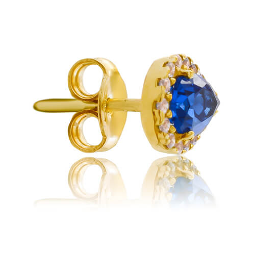 Ροζέτες σκουλαρίκια από χρυσό 14Κ, σε σχήμα δάκρυ. Είναι διακοσμημένες με μία μπλε πέτρα ζιρκόν στο κέντρο και λευκές περιμετρικά.