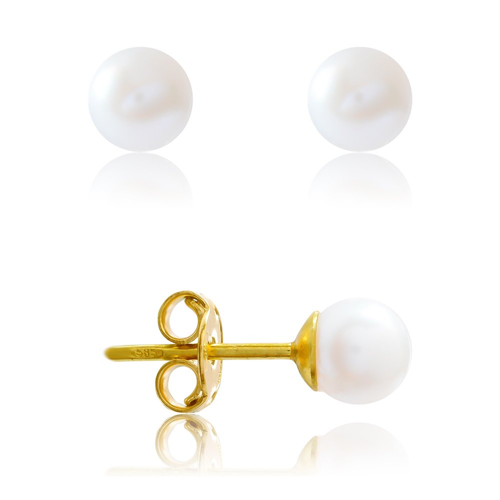 Σκουλαρίκια μαργαριτάρια χρυσά 14Κ σε κλασικό σχέδιο. Τα μαργαριτάρια είναι καλλιεργημένα (fresh water pearls) και έχουν λευκό χρώμα και διάμετρο 5 - 5.5 mm.